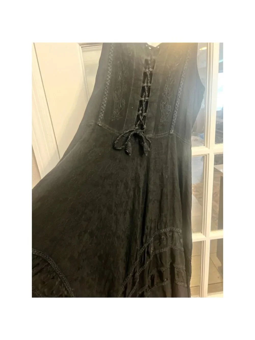Black Boho Lace Up Maxi Dress Embroidered Smocked Back Free Size REN Fair witchy - Picture 4 of 7